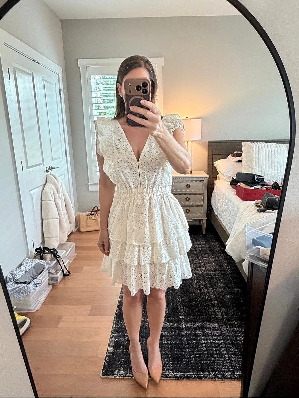 love the label Tiered Eyelet Ruffle Mini Dress White Small